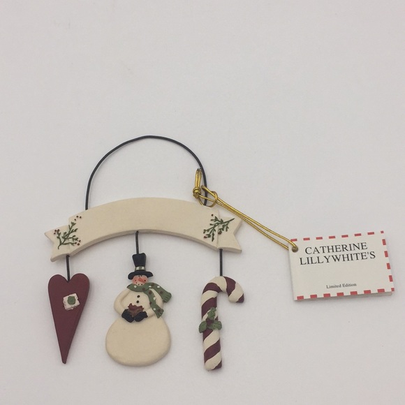 Catherine Lillywhite’s Snowman Heart Candy Cane Holiday Christmas Tree Ornament - Picture 1 of 7